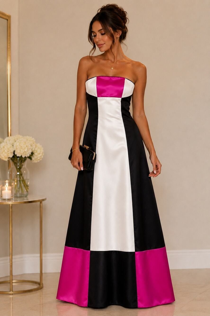 Jessica McClintock Gunne Sax Colorblock Strapless Maxi Dress Black Pink White